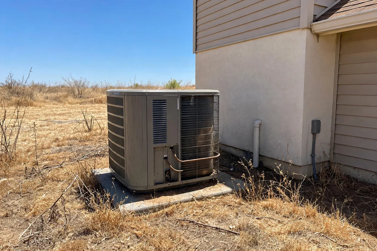 Outdoor air conditioner unit beside a house on a hot day with dry grass around it