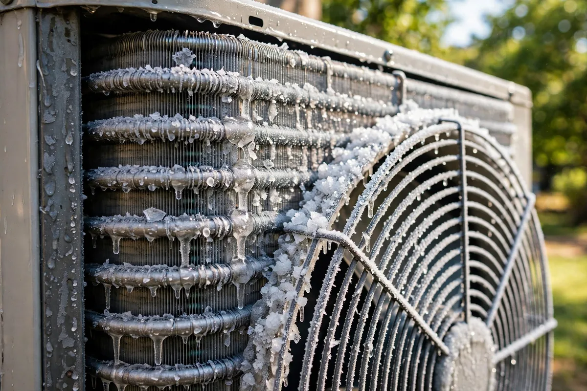 Close-up of an air conditioner outdoor unit with frost and ice covering its coils and fan grille