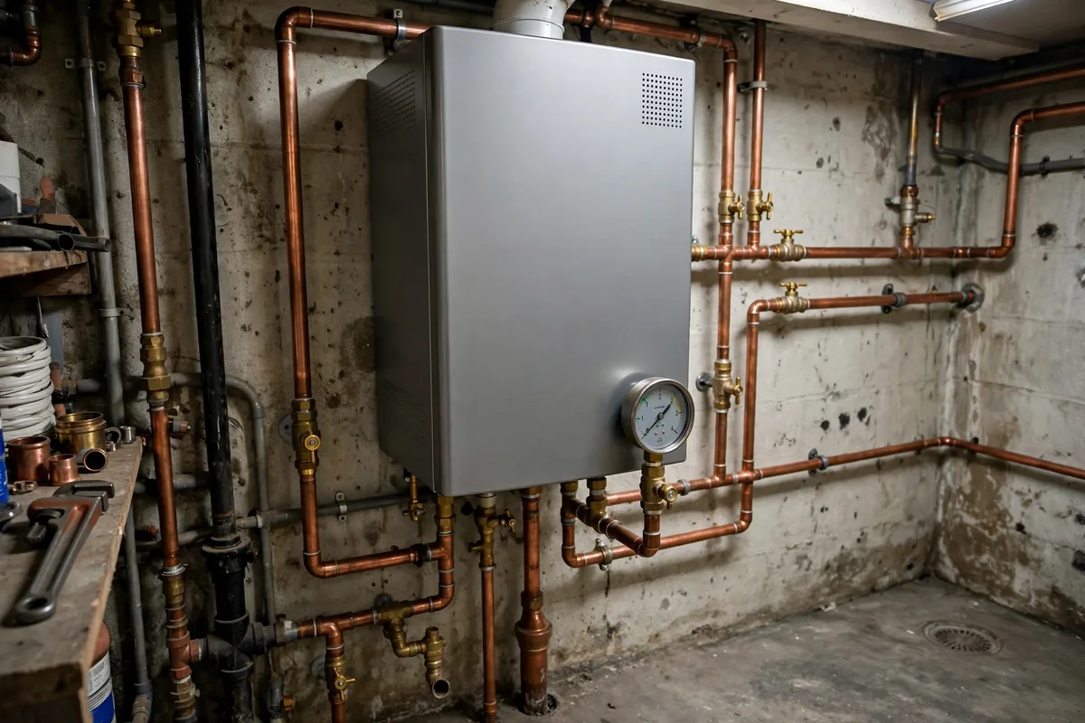 Wall-mounted boiler with copper pipes and a round pressure gauge in a basement utility room