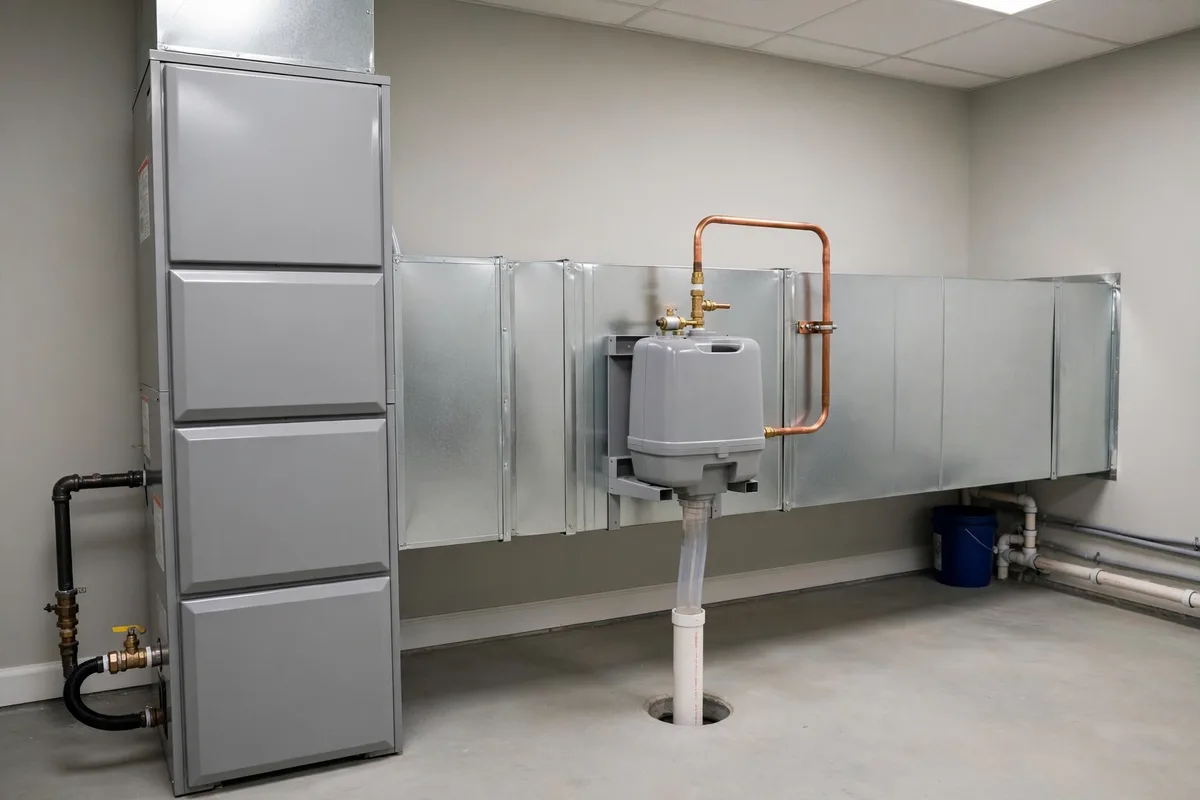 Whole-home humidifier mounted on ductwork beside a gas furnace with a copper water line