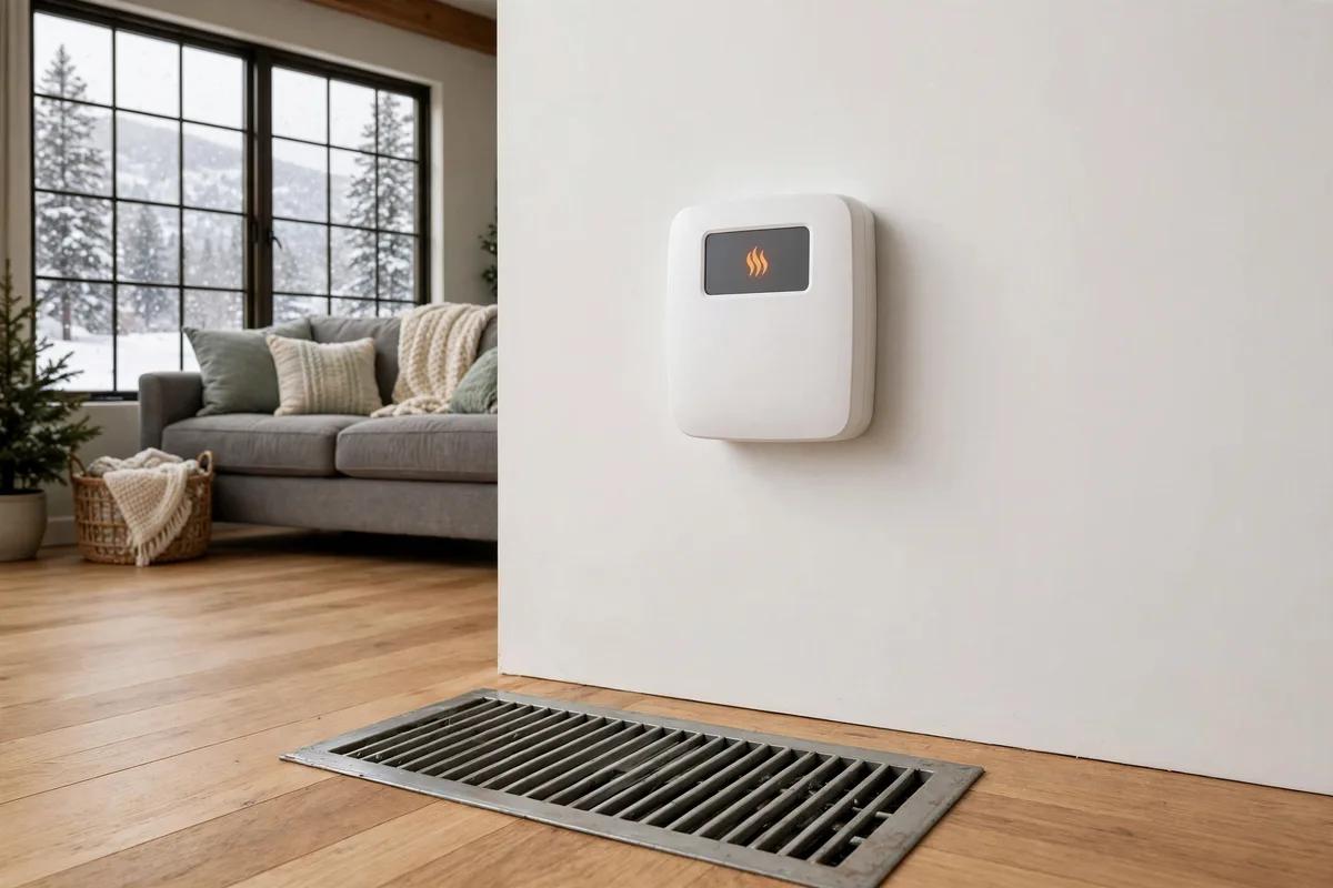 Wall thermostat showing a heat symbol above a floor vent, with a snowy window and couch behind it