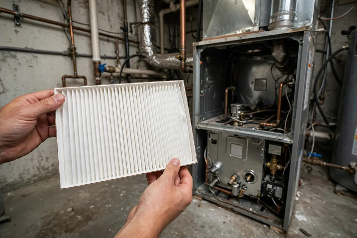 Hands holding a clean white pleated furnace filter next to an open furnace