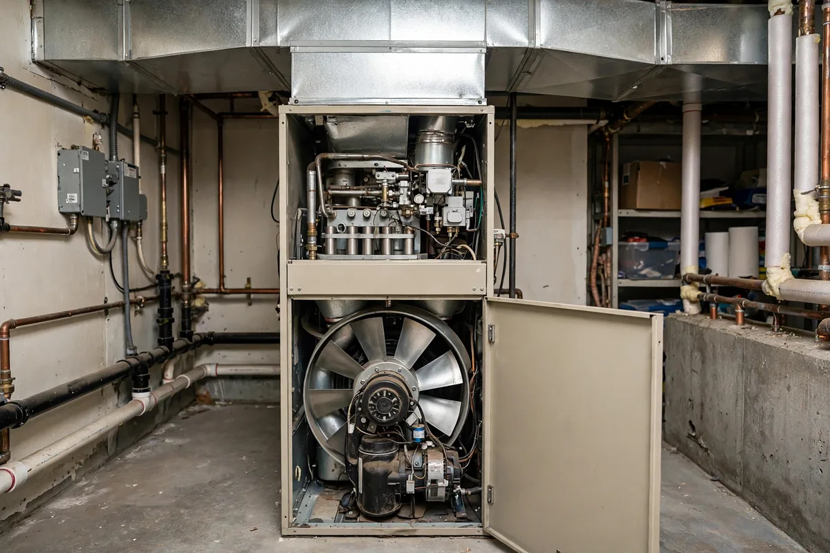 Open furnace with a large blower fan visible inside and ductwork above it