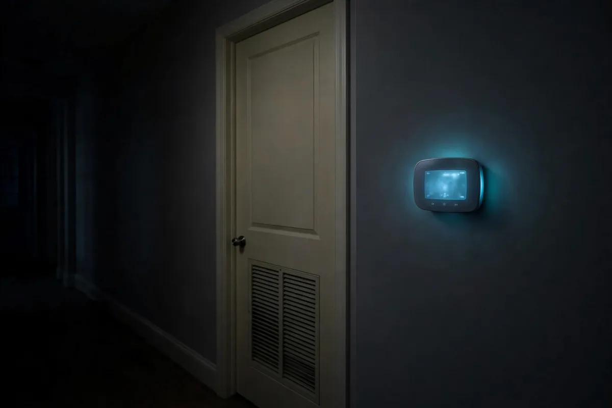 Thermostat glowing on a dark hallway wall at night beside a closed door with a vent