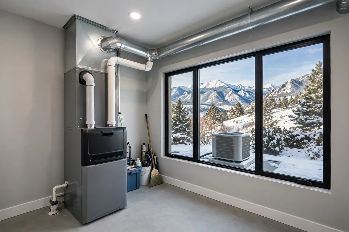 Gas furnace in a utility room with an outdoor heat pump unit visible through a large window overlooking snowy mountains