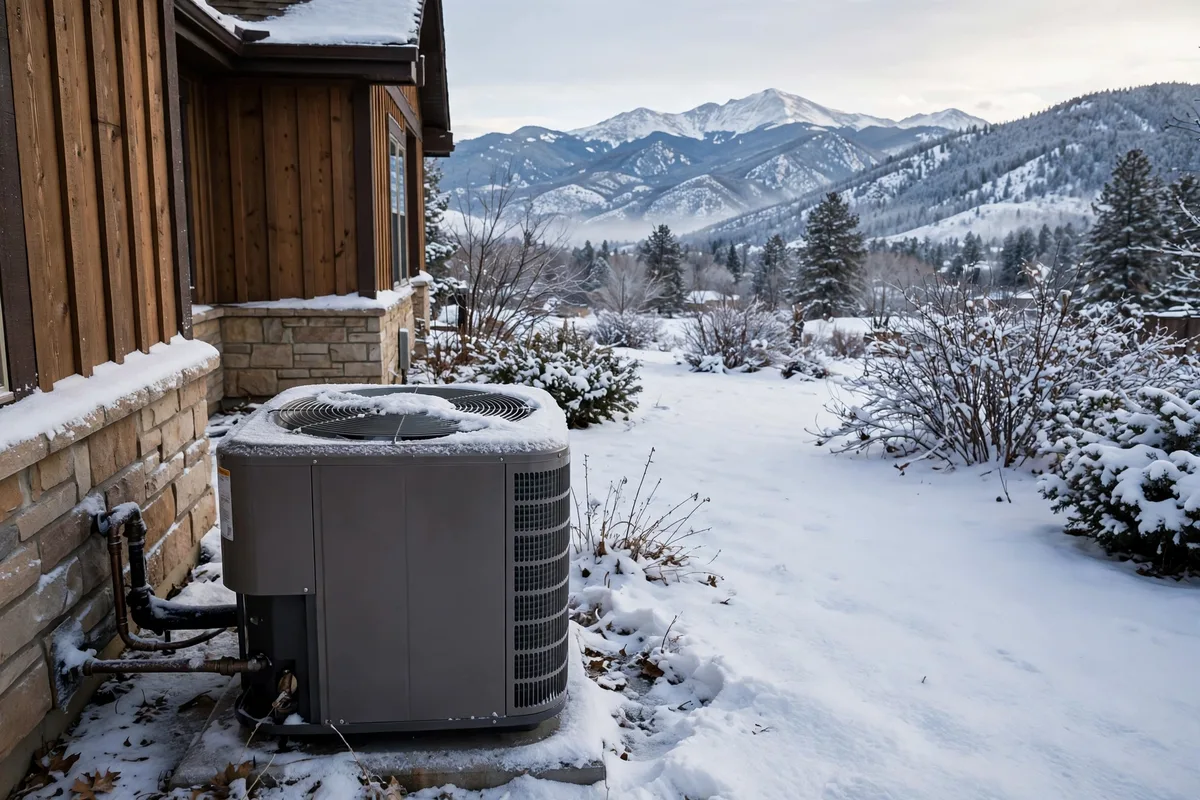Outdoor heat pump unit with snow on top beside a house, with snowy mountains behind it