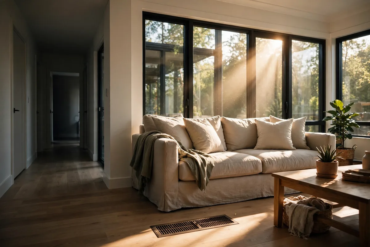 Sunlit living room with a floor vent beside a couch and a shaded hallway next to it