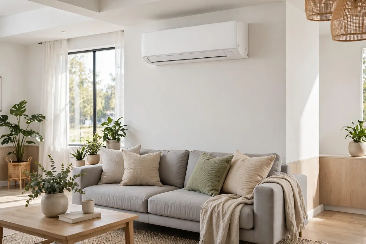 White wall-mounted mini-split indoor unit above a gray couch in a bright living room