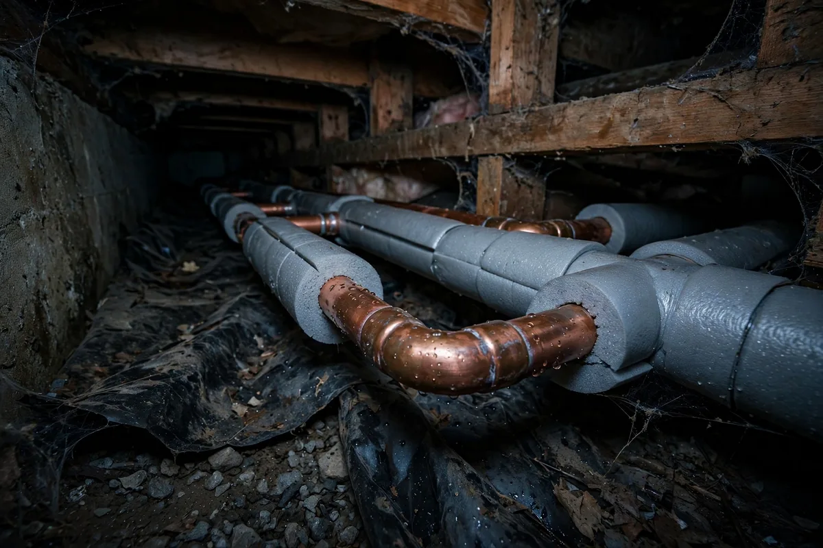Copper water pipes in a crawl space wrapped in gray foam insulation sleeves