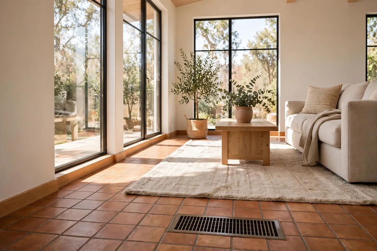 Living room with a warm tile floor, a rug, and a floor vent near large windows