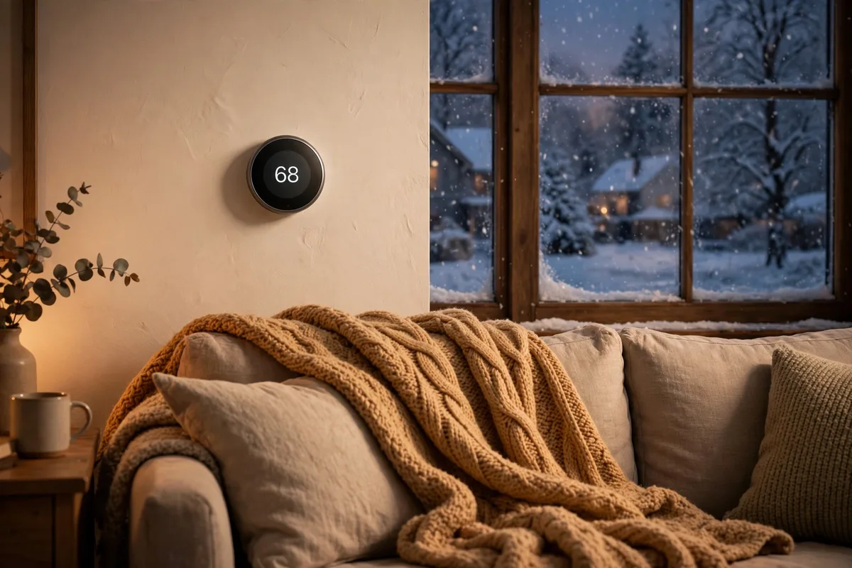 Round thermostat showing 68 degrees above a couch with a knit blanket, beside a snowy window