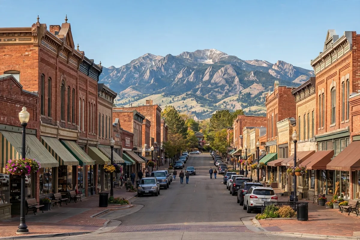 Historic brick storefronts on an Arvada main street with mountains behind the town