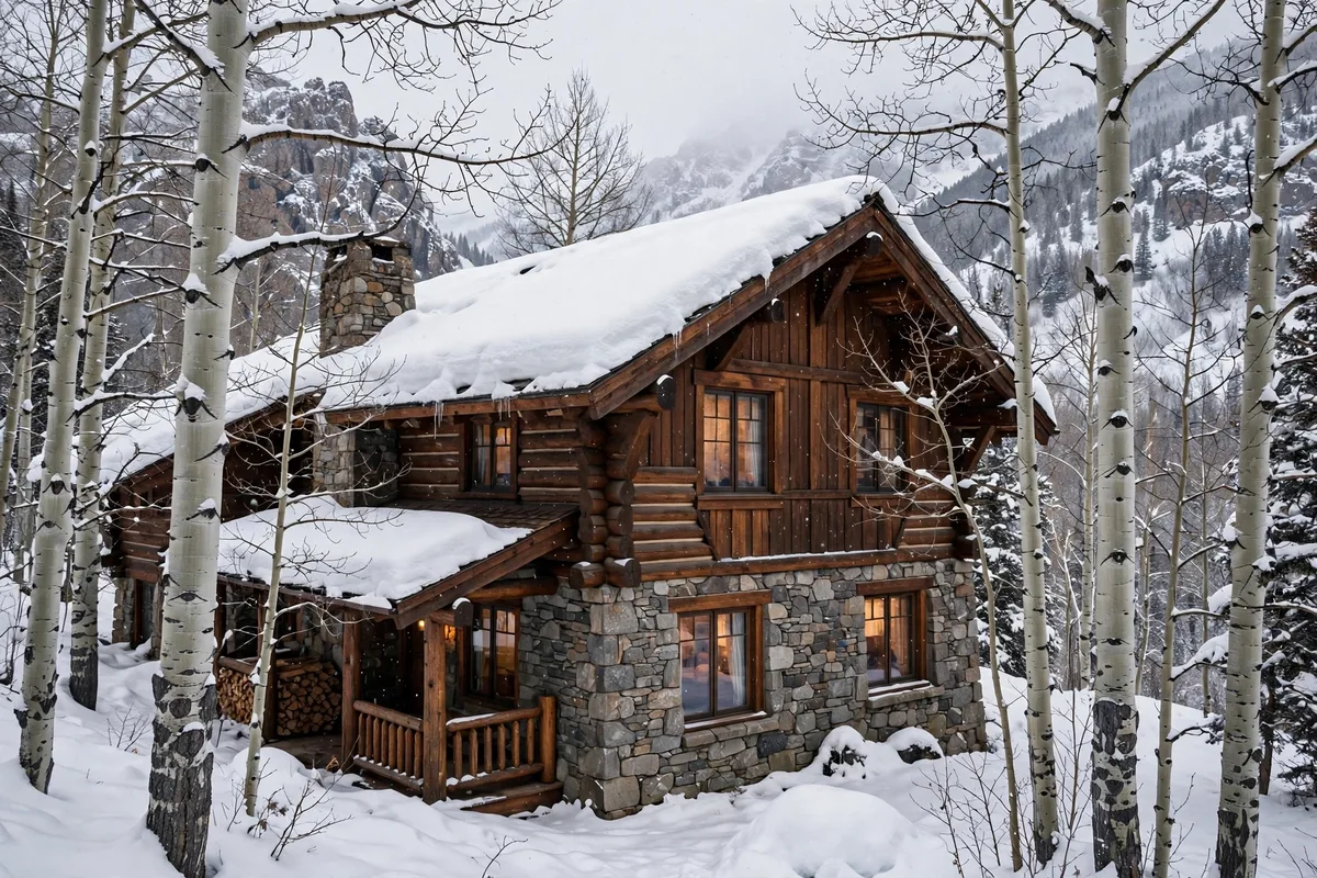 Log and stone chalet in Aspen with snow on the roof and aspen trees around it