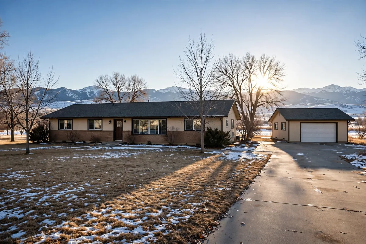 Ranch home in Aurora with a detached garage, a snowy lawn, and mountains behind it