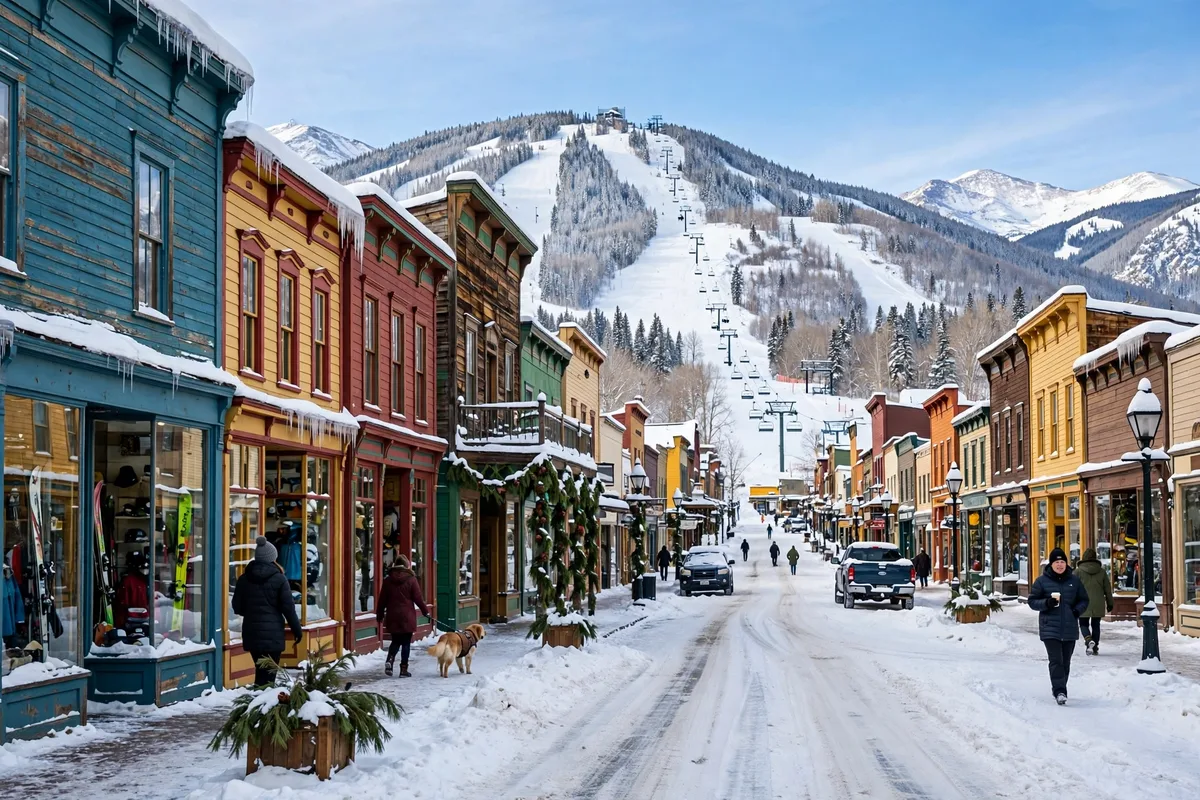Colorful historic storefronts on a snowy Breckenridge Main Street with a ski mountain behind the town