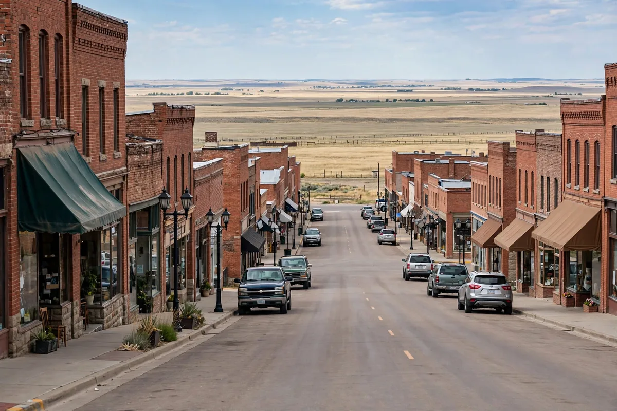 Brick storefronts on a Brighton main street with flat plains beyond the town
