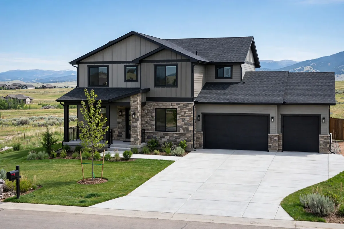 Modern two-story home in Broomfield with a wide driveway and open space behind the neighborhood
