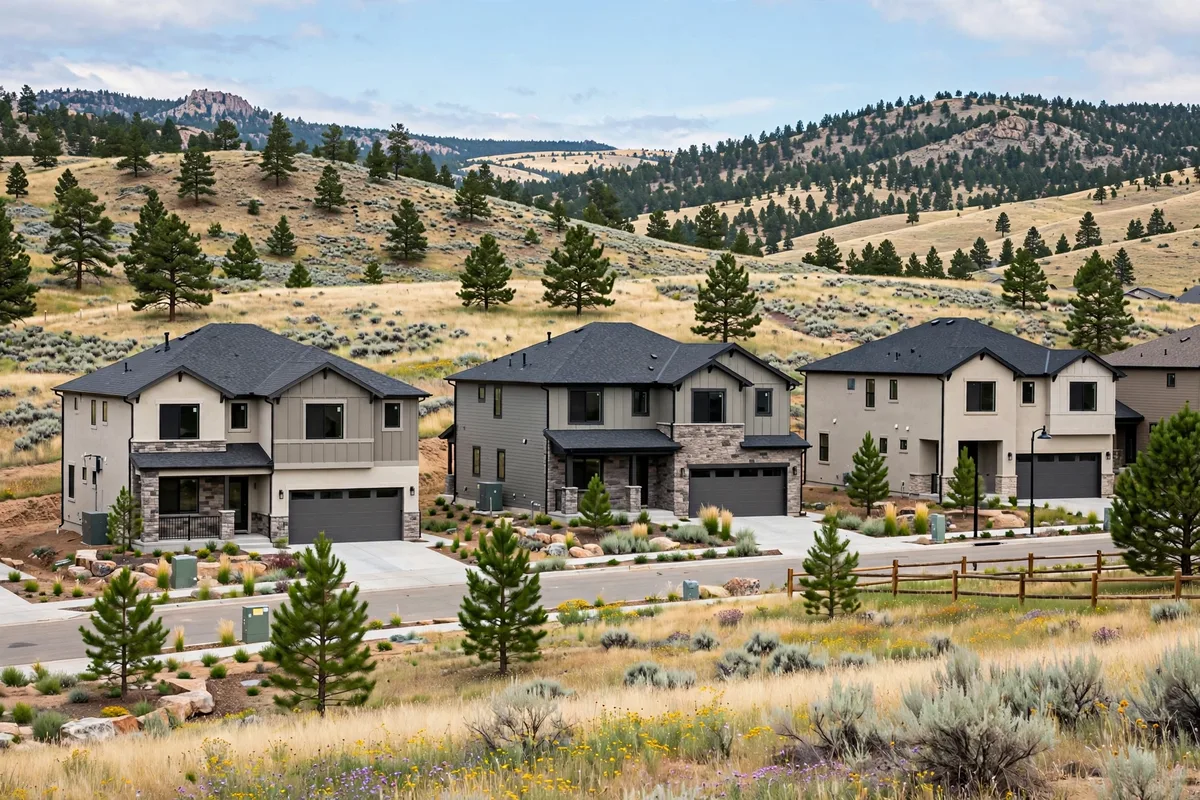 New two-story homes in Castle Rock with pine-covered hills behind them