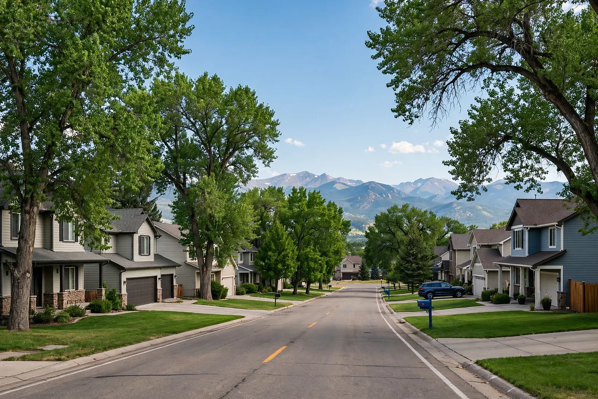 Tree-lined Centennial street with two-story homes and mountains in the distance