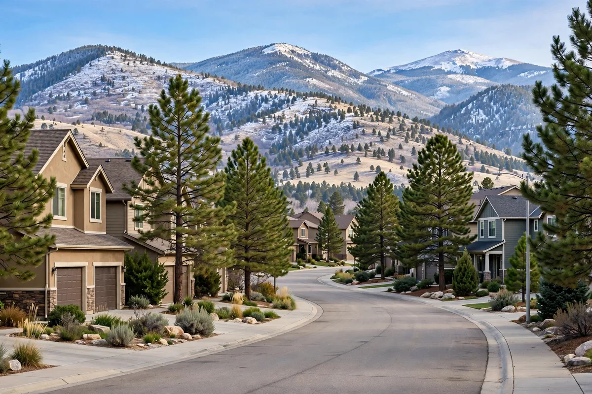 Colorado Springs suburban street lined with pine trees and homes with snow-dusted mountains behind them