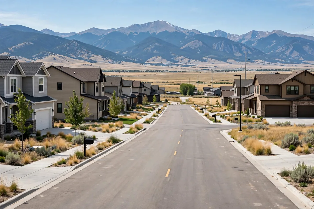 Two-story homes on a Commerce City street with open prairie and mountains behind them