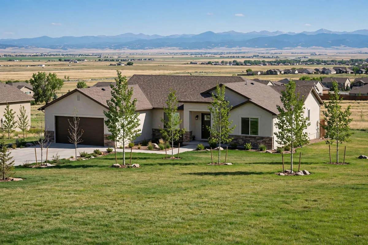 Suburban home in Greeley with a wide lawn, young trees, and plains stretching to distant mountains