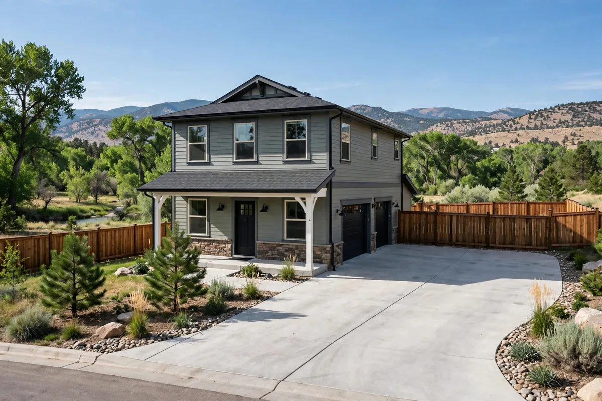 Two-story home in Lakewood with a fenced yard, greenbelt trees, and foothills behind it