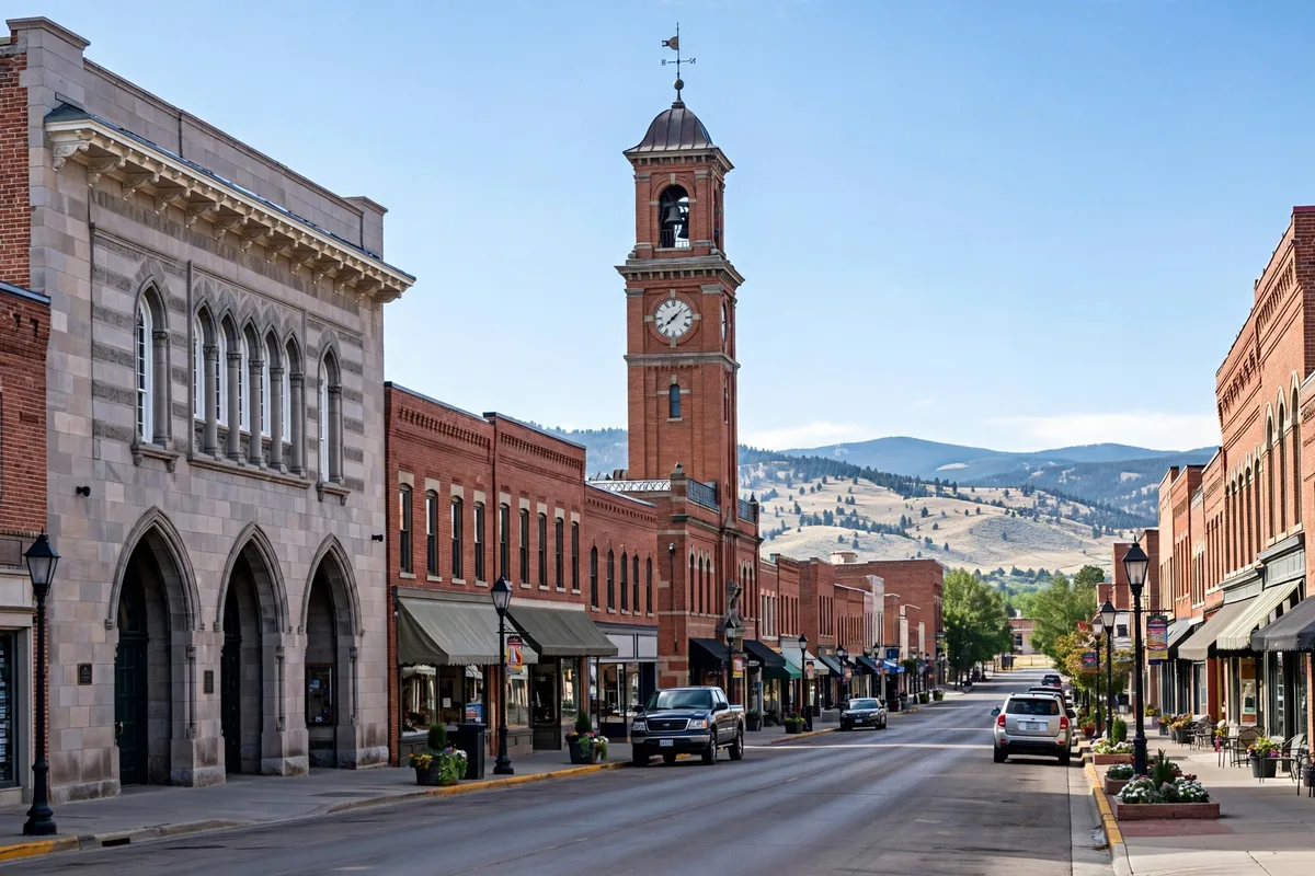 Historic Littleton main street with brick storefronts and a red-brick clock tower