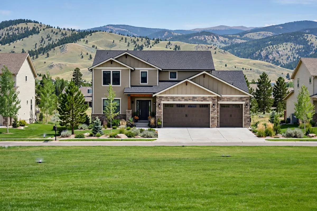 Two-story home in Loveland with a three-car garage and foothills behind the neighborhood