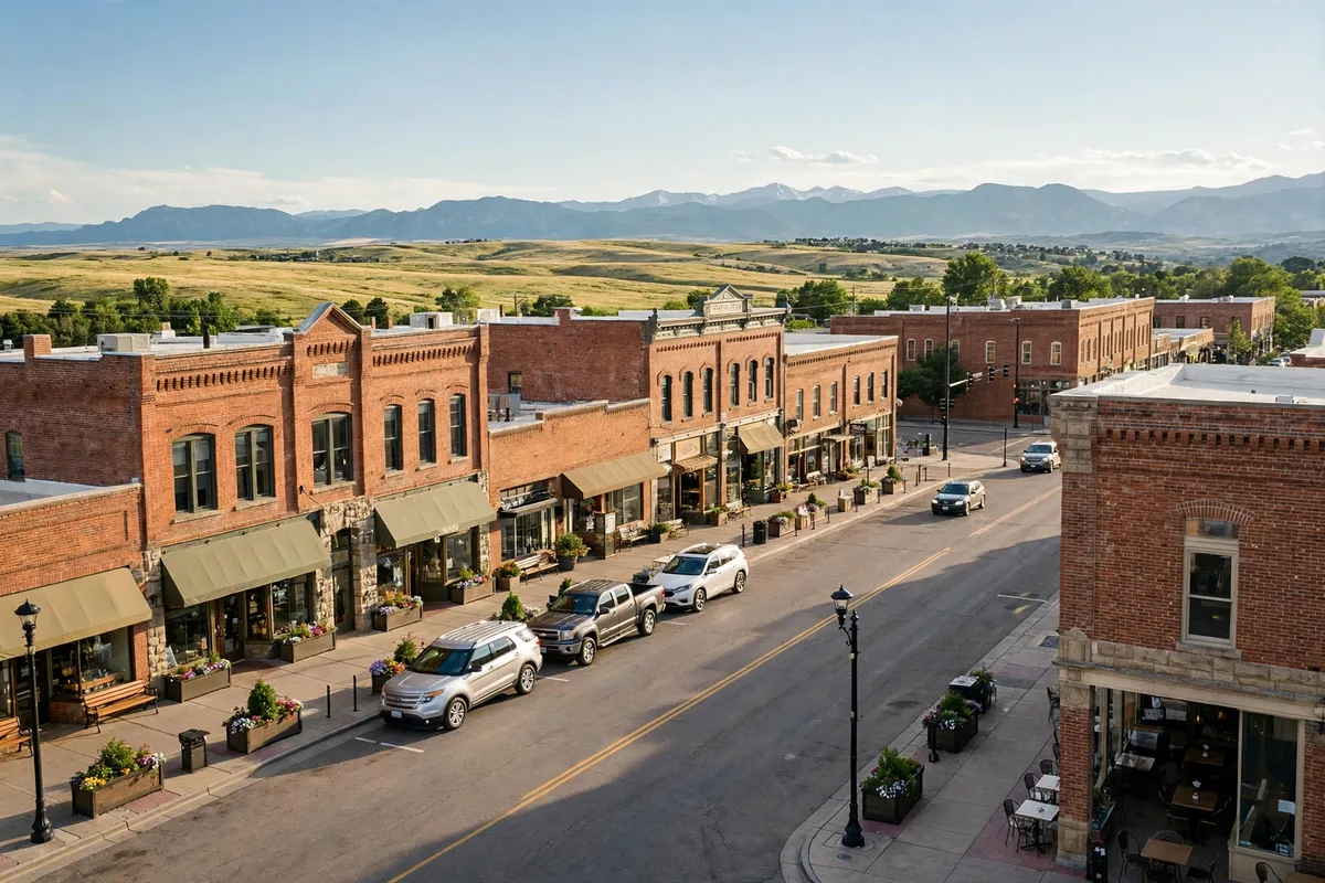 Brick storefronts on a Parker main street with mountains behind the town