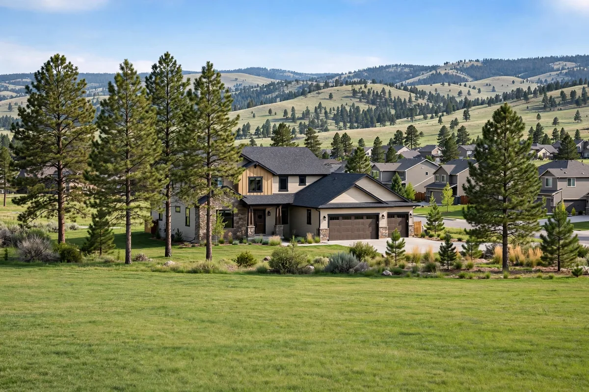 Two-story home in Parker with tall pine trees and rolling hills behind the neighborhood