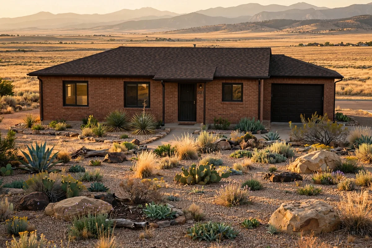 Brick home in Pueblo with a xeriscaped front yard, dry plains, and mountains behind it