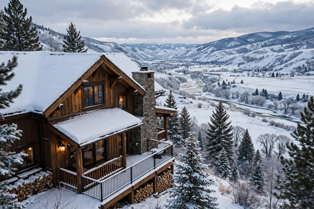 Wood-sided mountain home in Steamboat Springs with snow on the roof and a view across the snowy valley