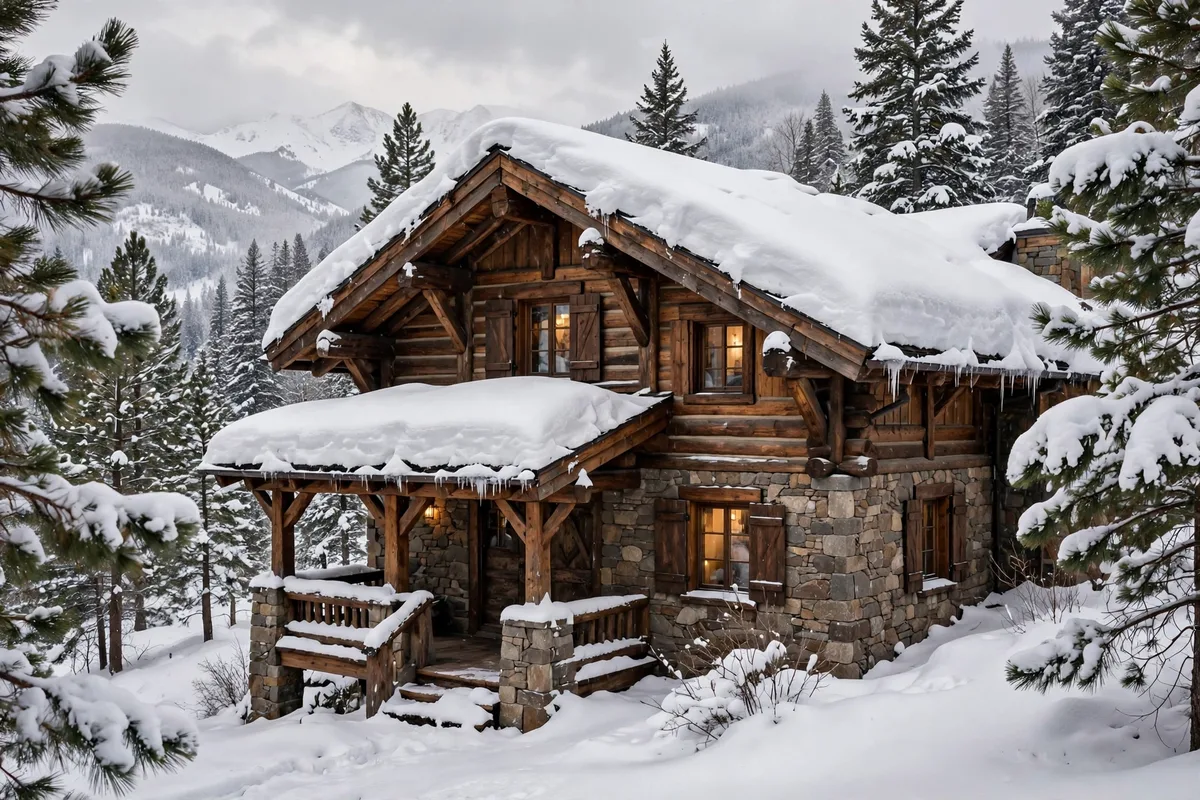 Log and stone chalet in Vail with deep snow on the roof and pine trees around it