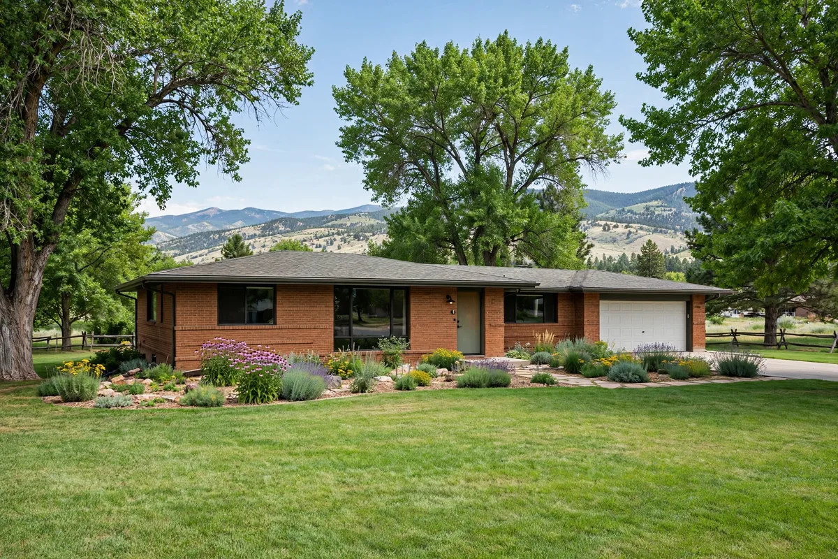Brick ranch home in Wheat Ridge with a flower garden, mature trees, and foothills behind it