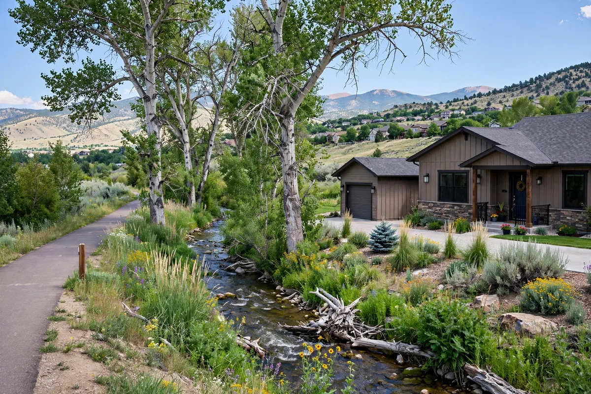 Wheat Ridge home beside a creek and a greenbelt trail with cottonwood trees and foothills behind it