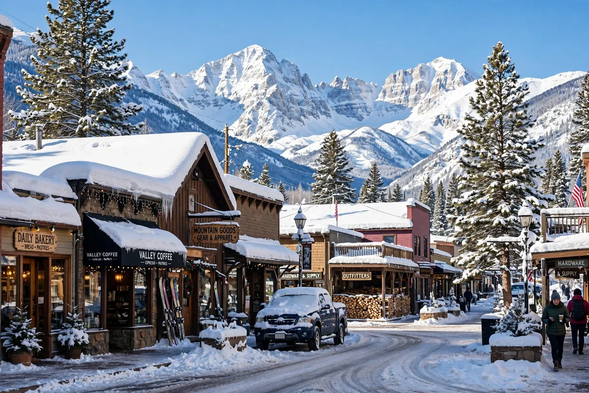 Snowy main street in a Colorado mountain town with shops, pine trees, and snow-covered peaks behind it