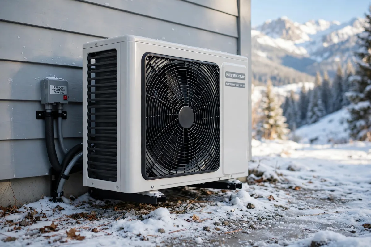 Outdoor inverter heat pump beside a house with snow on the ground and snowy mountains behind it