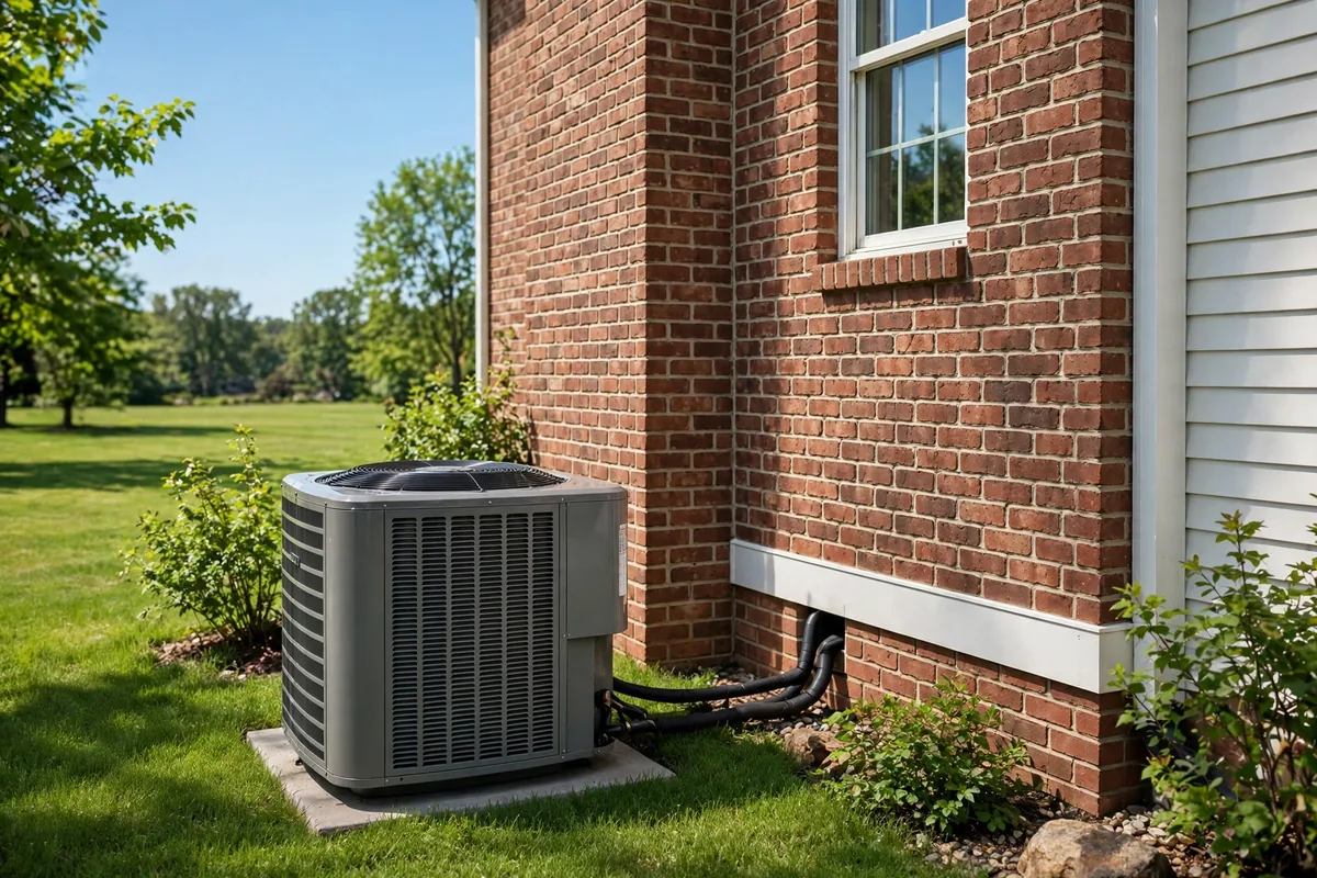Outdoor air conditioning condenser unit beside a brick home on a sunny summer day with a green lawn