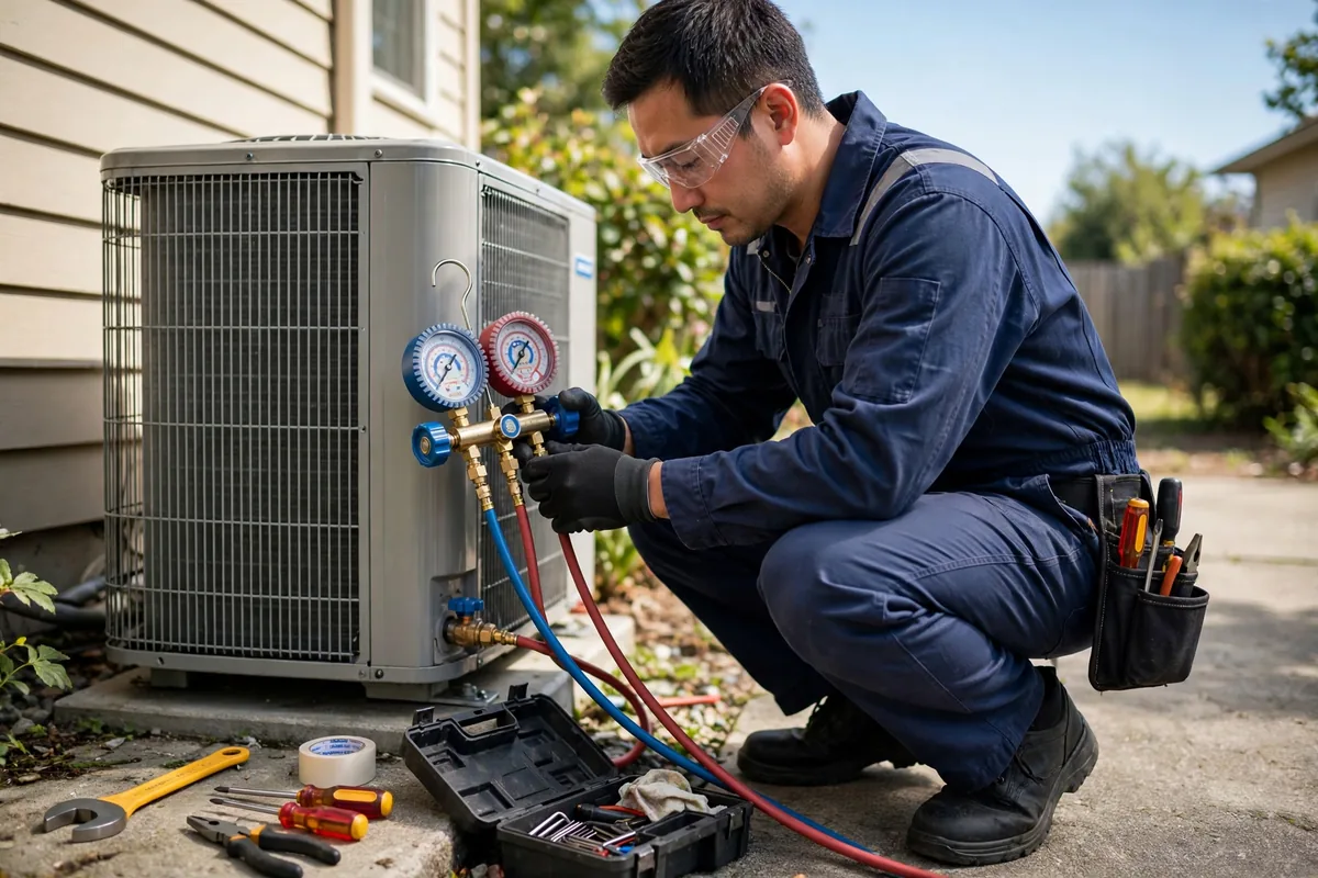 Technician in a navy uniform kneeling beside an outdoor air conditioning unit and checking it with manifold gauges