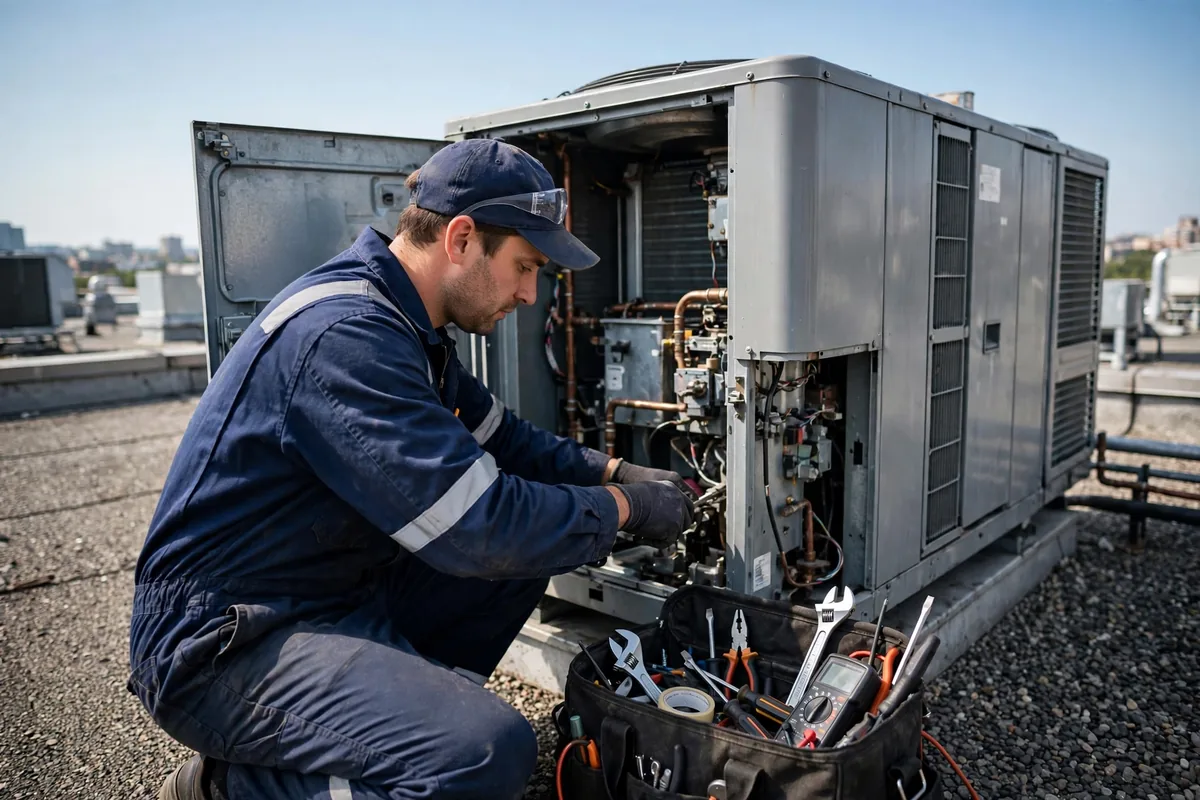 Technician in a navy uniform servicing a large rooftop commercial HVAC unit with a tool bag beside him