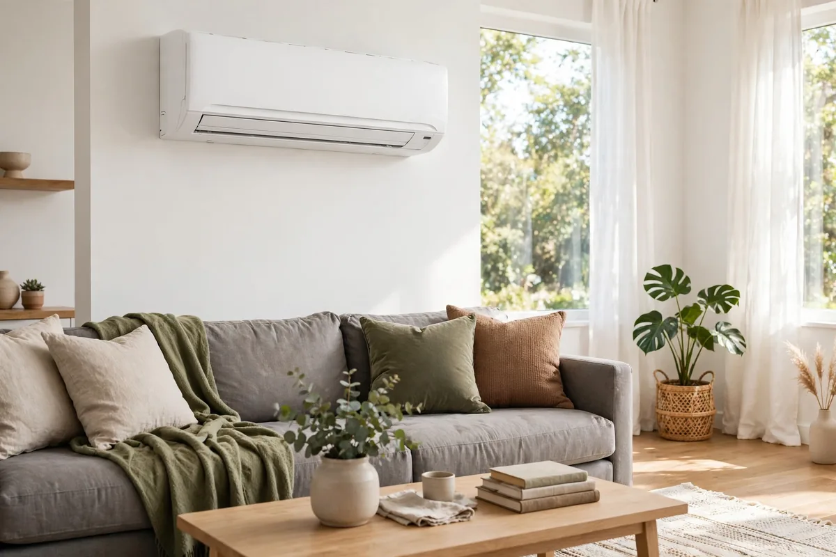 White wall-mounted mini-split indoor unit above a gray couch in a bright living room