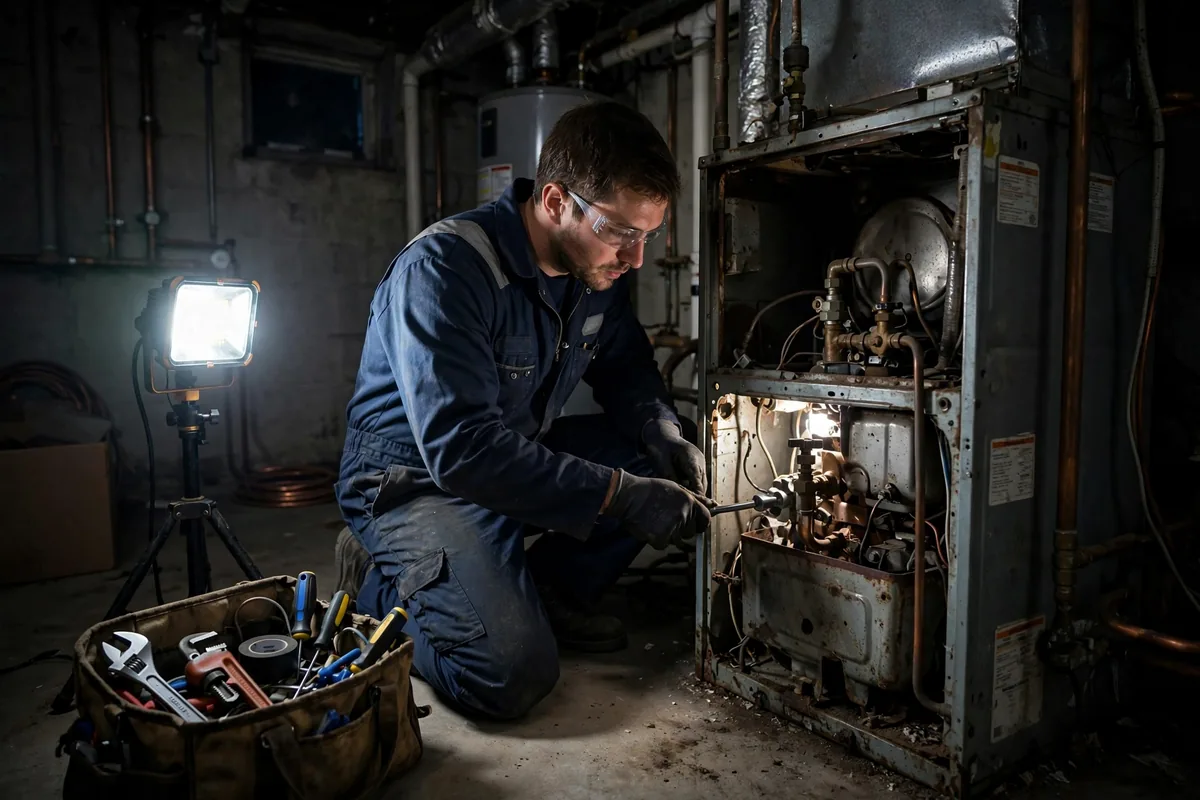 Technician in a navy uniform repairing an open furnace in a dark basement lit by a portable work light