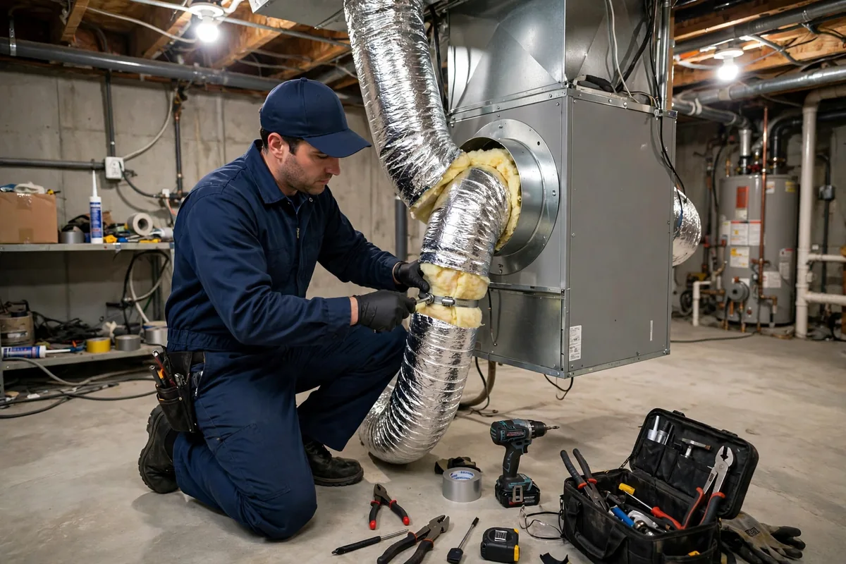 Technician in a navy uniform connecting insulated ductwork to a ventilation unit in a basement