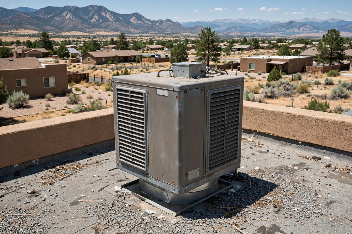 Boxy rooftop evaporative cooler on a flat roof above a dry neighborhood with mountains in the distance