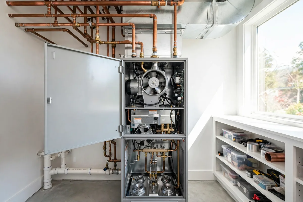 Tall furnace with its front panel open showing the blower fan, burners, and copper piping in a bright utility room