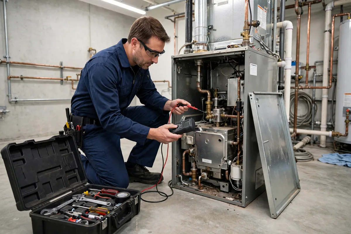 Technician in a navy uniform kneeling beside an open heating unit and testing it with a meter, with a toolbox open on the floor