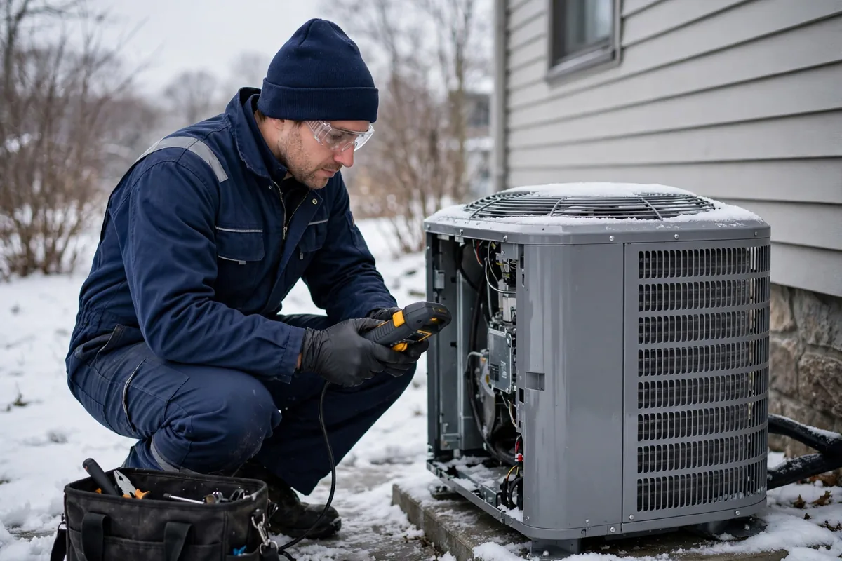 Technician in a navy uniform and knit cap crouching beside a snow-covered outdoor heat pump and testing it with a diagnostic tool