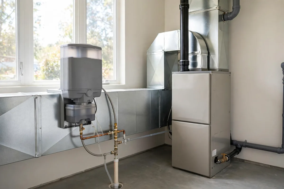 Whole-home humidifier unit mounted on sheet-metal ductwork beside a furnace in a utility room