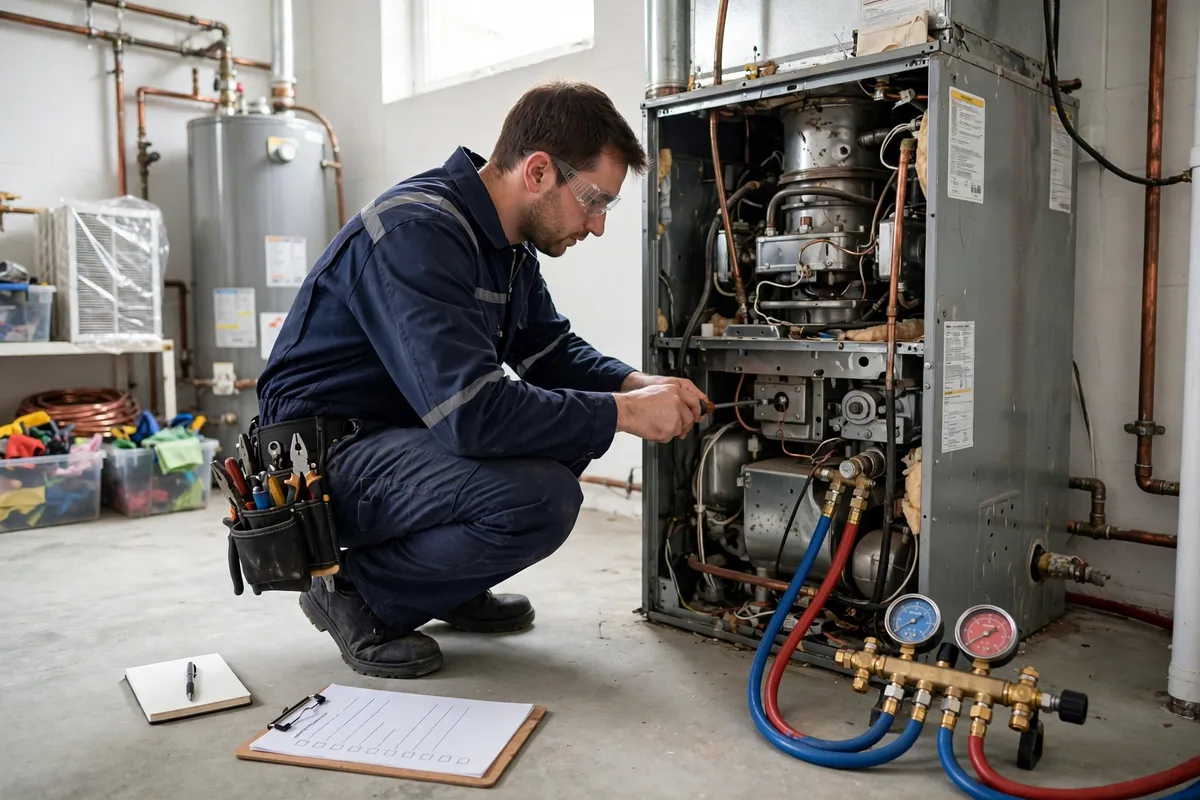 Technician in a navy uniform working on an open furnace with a checklist clipboard and gauge set on the floor